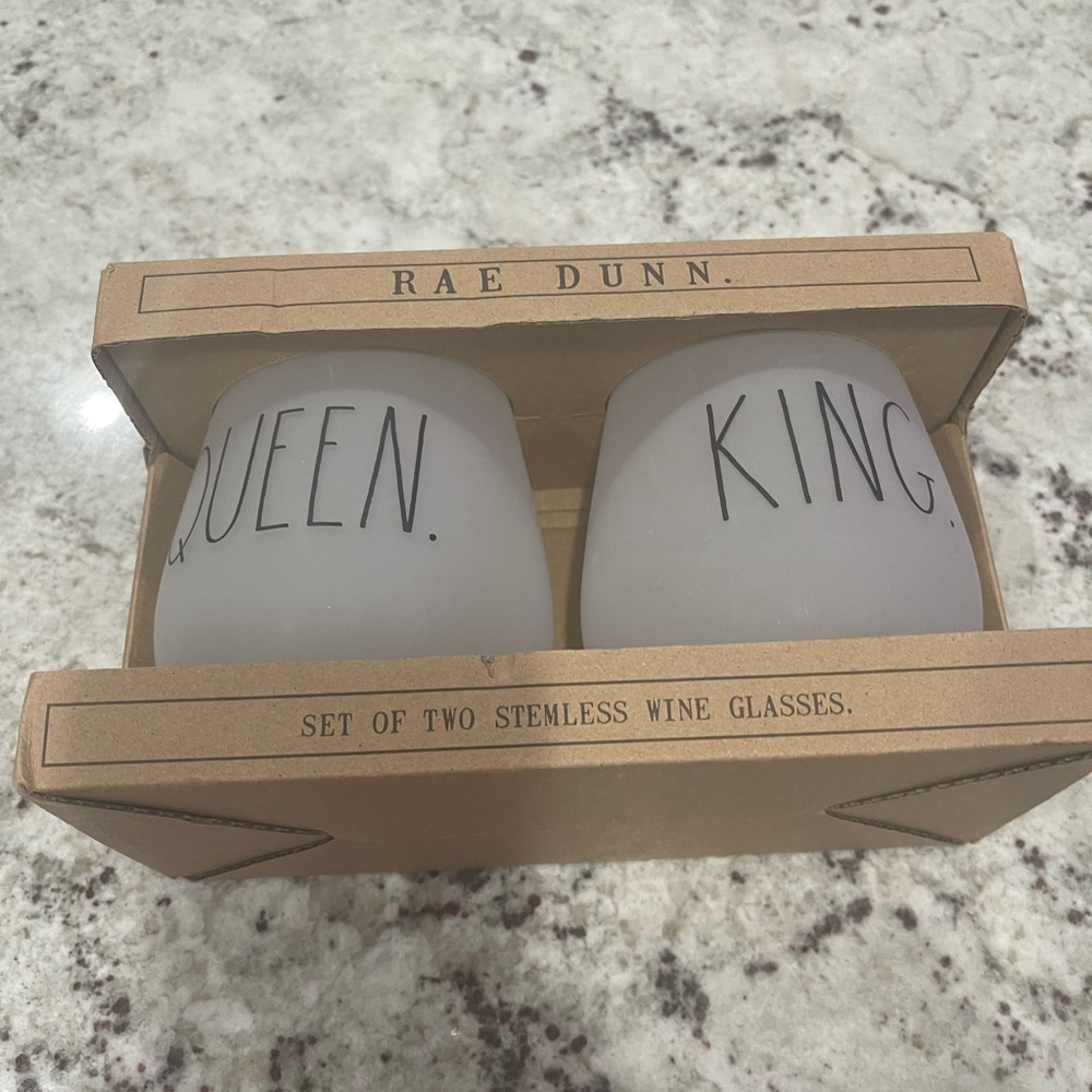 Rae Dunn new cup set says king and queen.  Can be used as stemless wine glasses